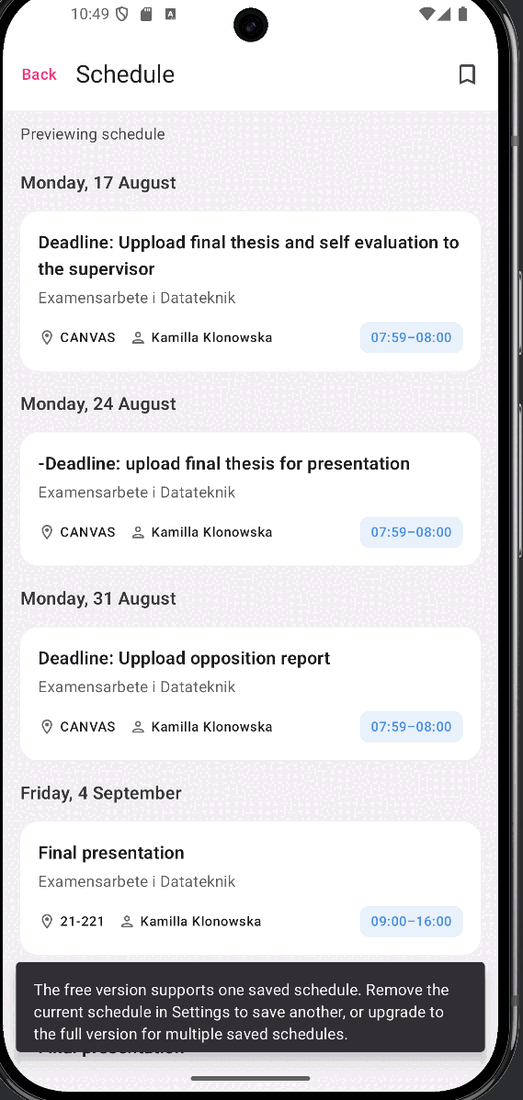 Kron schedule preview showing saved-schedule free-tier logic