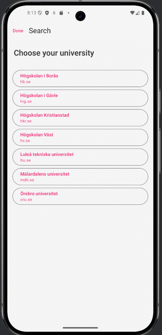 Kron university selector supporting seven Swedish universities