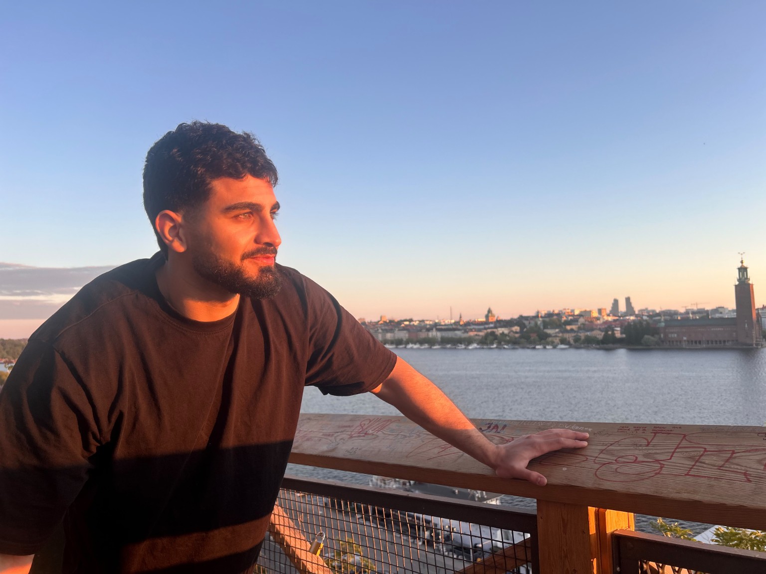 Mustafa Qassmieh overlooking Stockholm at sunset